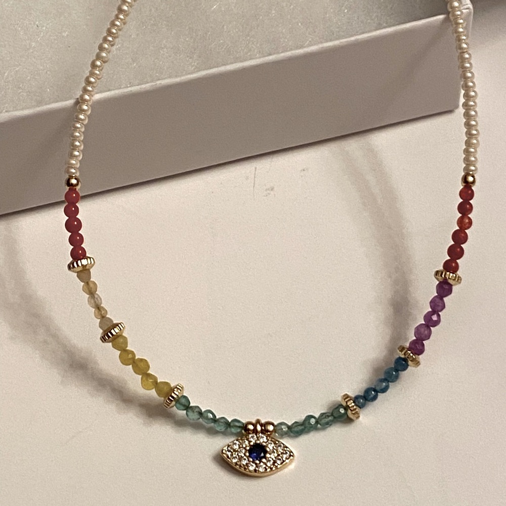 Seed Pearl Crystal Paved Evil Eye Charm Thin Necklace